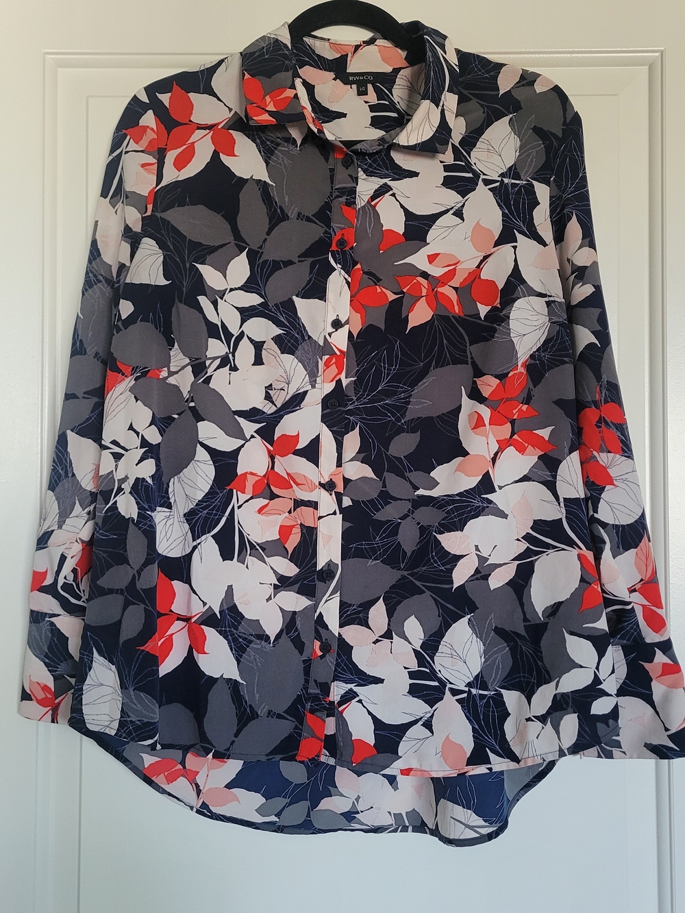 RW&CO. Navy Button-Front Blouse with Red and White Leaf Print